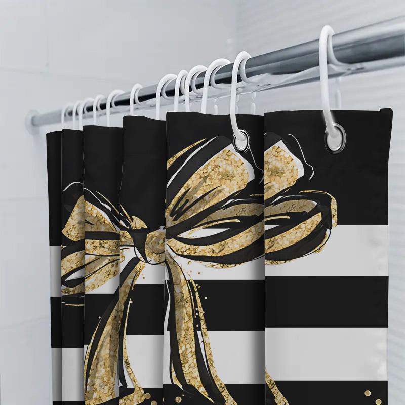 Stylish Black and Gold Shower Curtain with Bow Design - Waterproof Heat Resistant Machine Washable Bathroom Decor  Easy-Clean