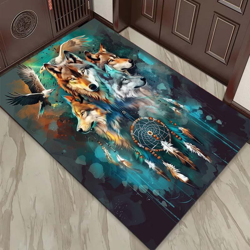 Dreamcatcher Wolves Rug - Native American Spirit Animal Art, Boho Chic Living Room Decor Anti slip carpet can be machine washed