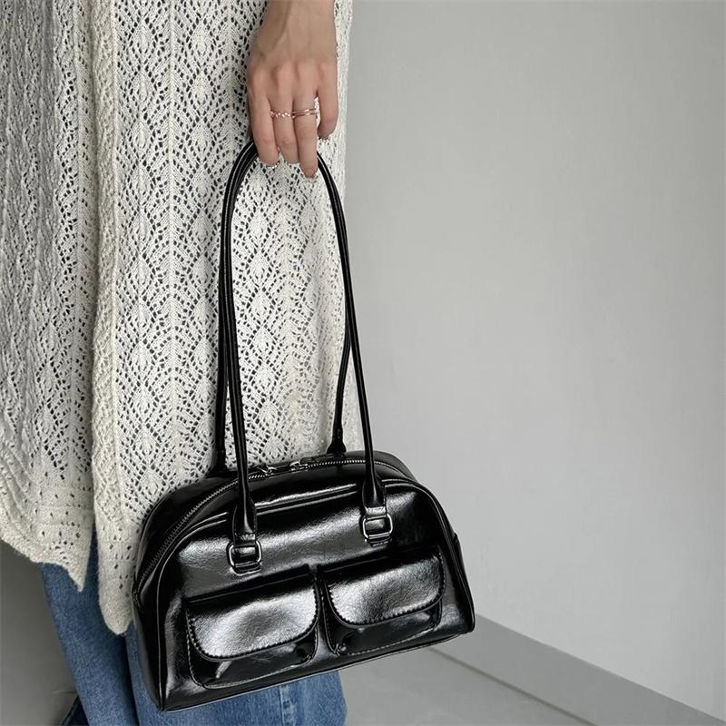 

Large Capacity Brown Bowling Handbag Women s Shoulder Bag Retro Korean INS Style Autumn Winter New 2025 Fashion Trend Bag чорний