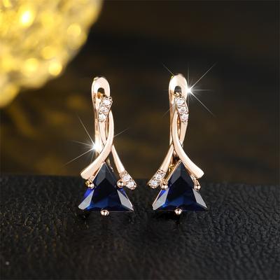 Geometric Triangle Stone Blue Zircon Hoop Earrings For Women Vintage Gold Color Ear Buckle Wedding Jewelry Valentine's Day Gifts