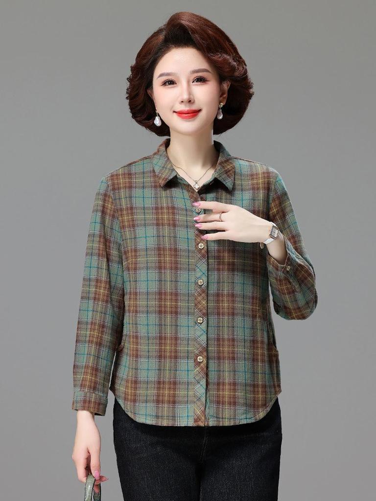 Genuine Autumn Long Sleeve Plaid Cotton Shirt for Middle-Aged & Elderly Women