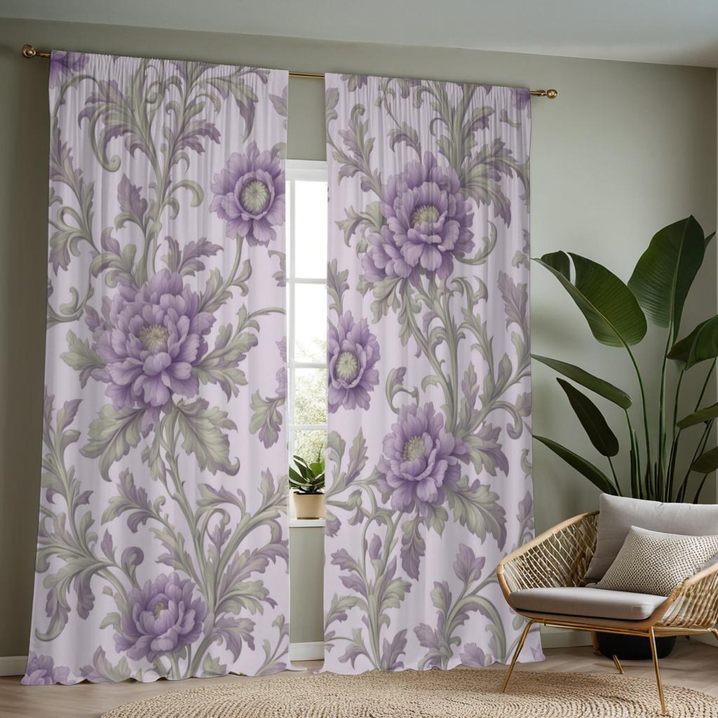 Lavender Floral Print Curtains Polyester Fabric Suitable Bedroom Living Room Decoration Curtain Made Of Washable Area Ready