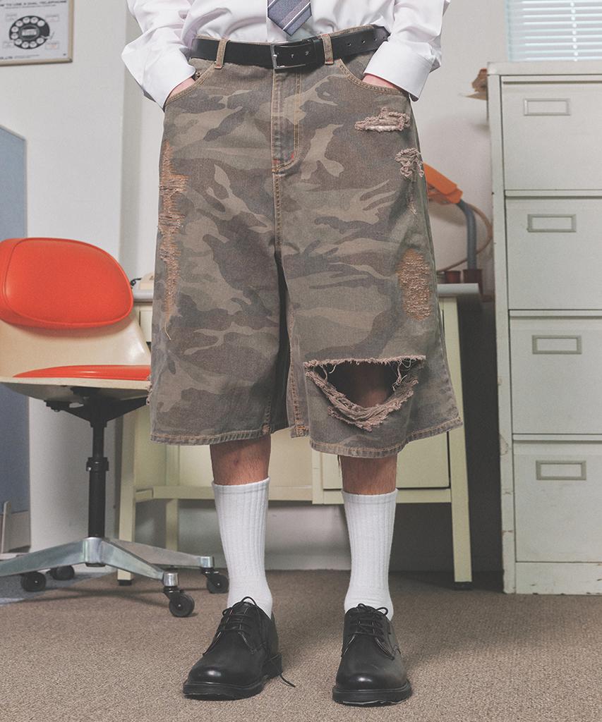 MAINBOOTH Destroyed Camo Shorts(Vintage Khaki)