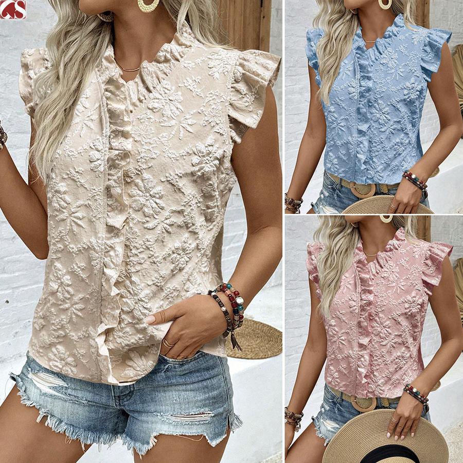 Nuevo Conjunto de Chaleco de Verano para Mujer Camisa de Manga Corta con Volantes de Encaje Floral