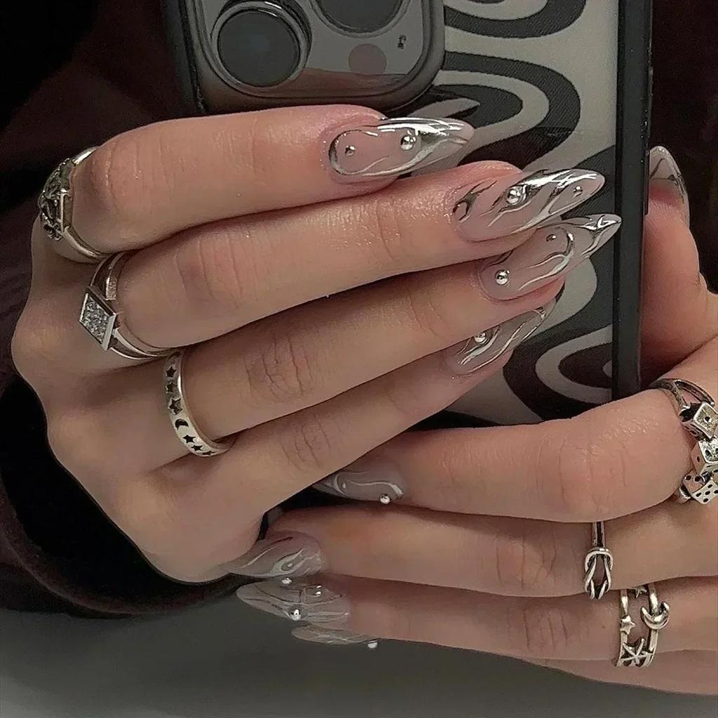 24Pcs French Almond False Nails Pink Stiletto Press On Nails With White Edge Design And Glue Simple Wearable Nail Tips
