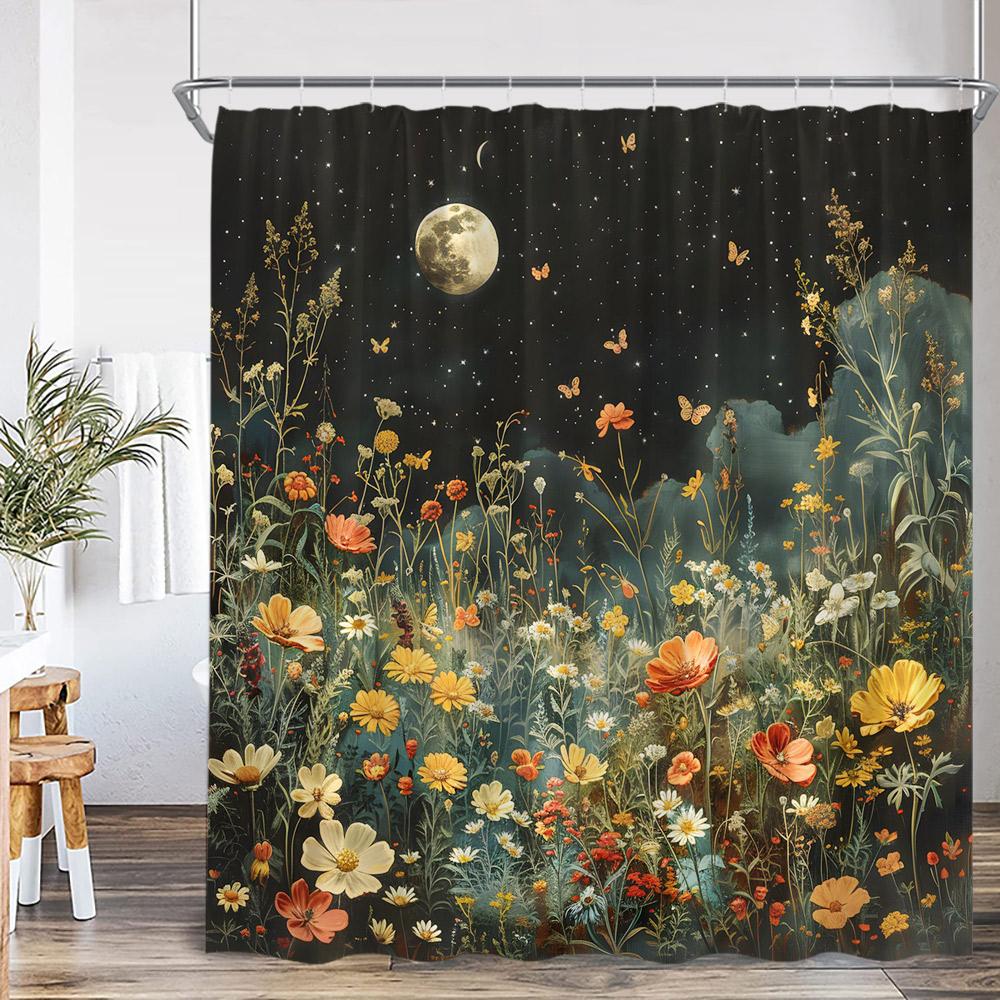 Watercolor Floral Shower Curtain Daisy Herb Plant Flower Botanical Bathroom Decor Modern Dark Polyester Bath Curtain with Hooks 90x180cm-35x70in