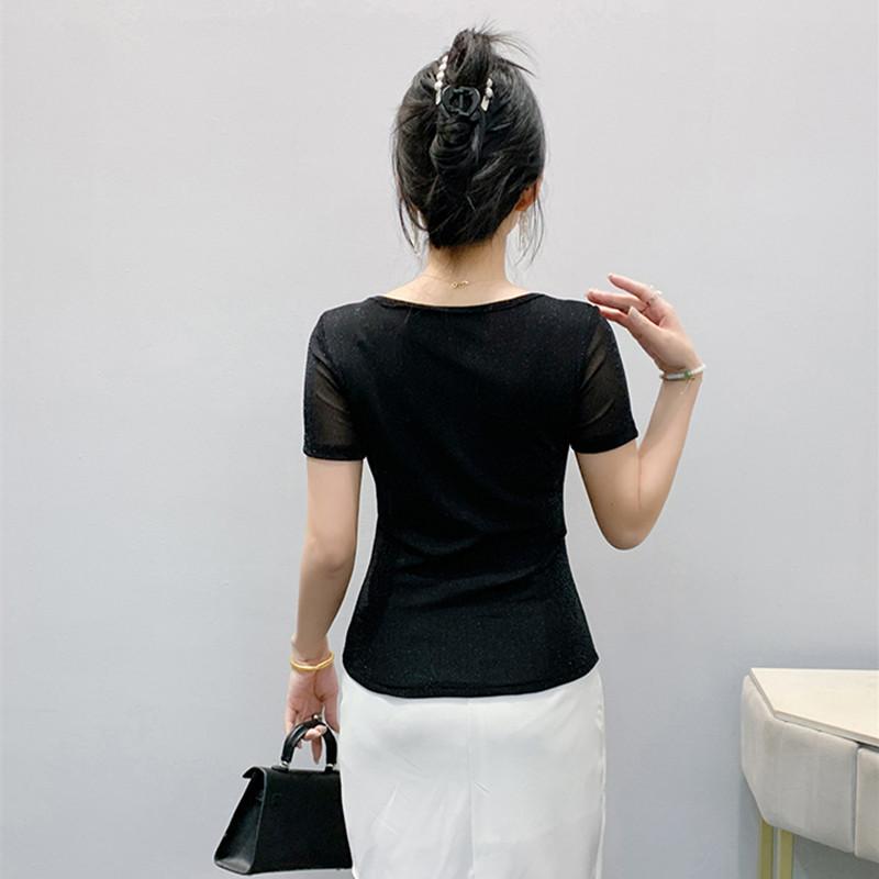 New Summer Women's T-shirt Sexy Skew Collar Shiny Diamonds Tees Fashion Female Short Sleeves Slim Mesh Tops Blouse