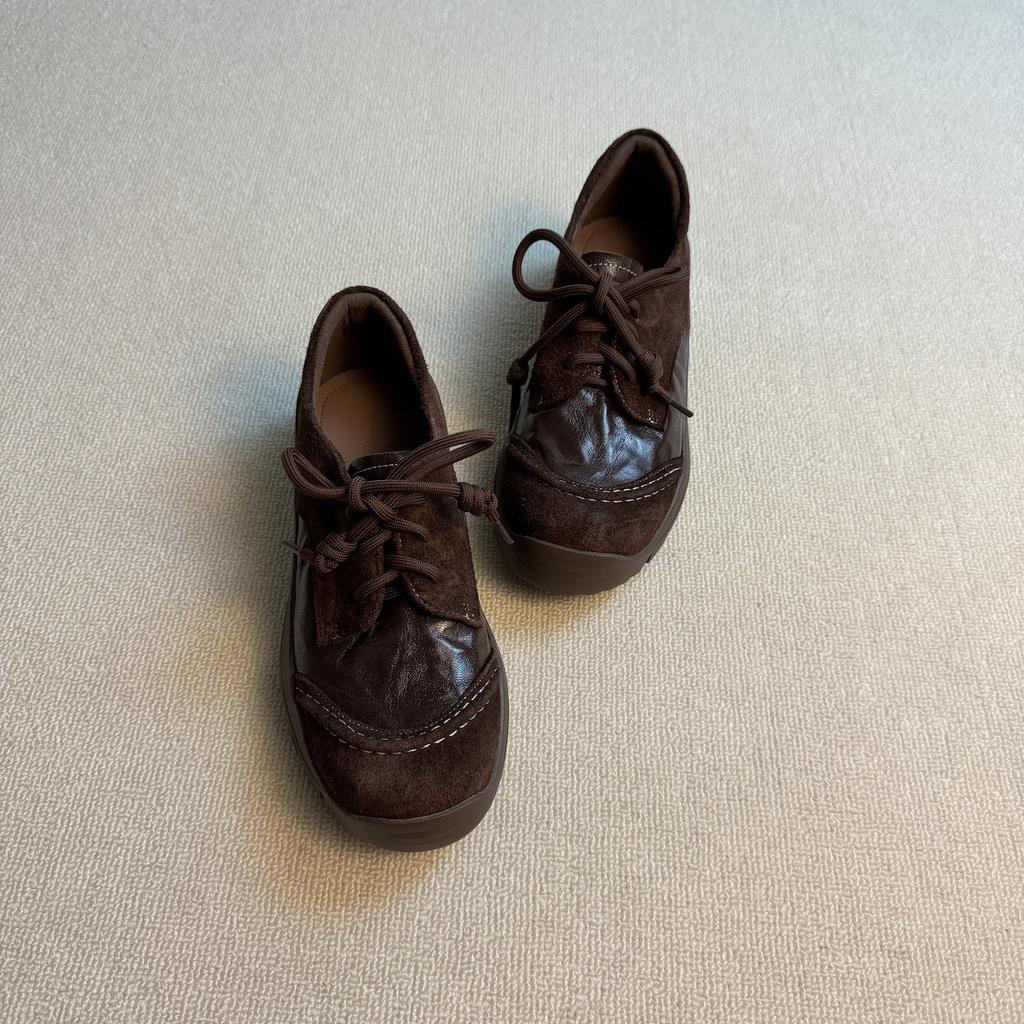 "Commuter Moral Training" Retro Academy Small 4cm Lace-up Round Toe Platform Single Shoes Women's British-style Leather Shoes