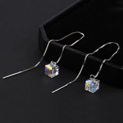 1 Pair Crystal Square Earrings Line Tassel Chain Drop Earring Women'S Ear Line Straight Jewelry Gifts