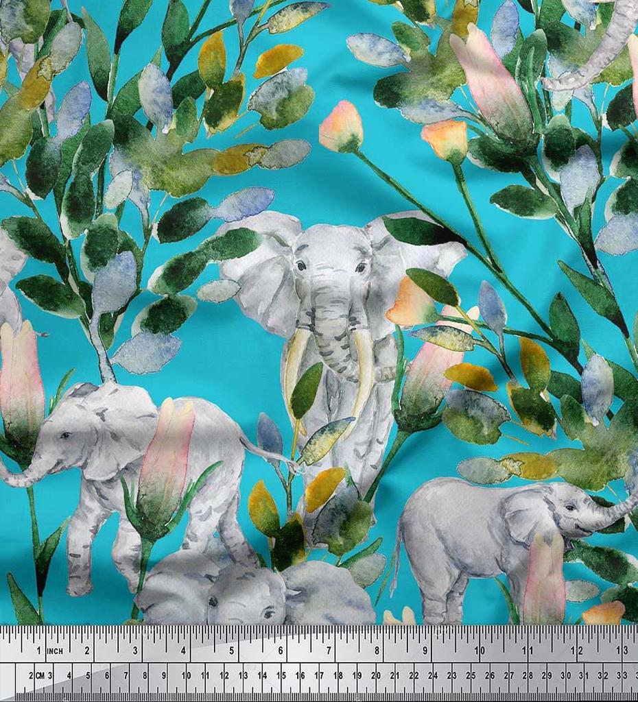 Soimoi Japan Crepe Satin Fabric Leaves,Floral & Elephant Animal Printed Craft Fabric by the metre 42 Inch