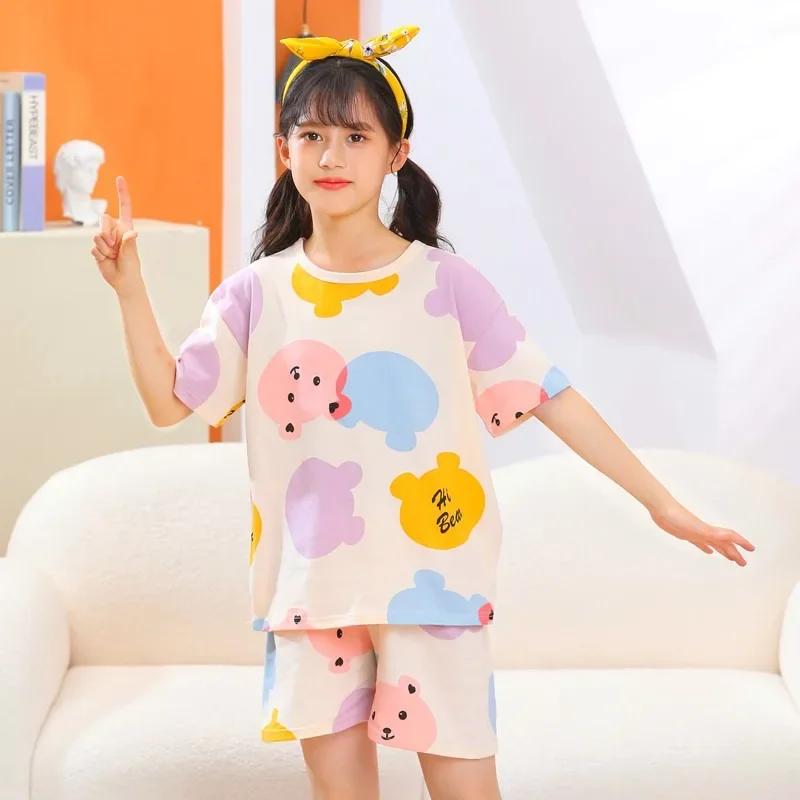 Teens Baby Girl Pajamas Summer Short Sleeved Children's Clothing Sleepwear Cotton Pyjamas Sets for Kids