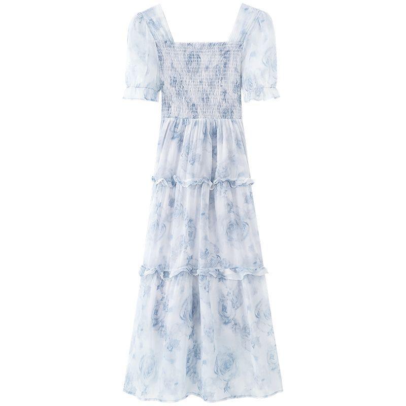 New floral new French retro waist dress women's autumn thin long dress super fairy skirt