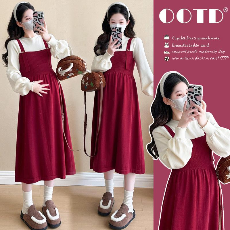 2026 Autumn/Winter Internet Celebrity Maternity Chic Patchwork Layered Dress 2XL чёрный