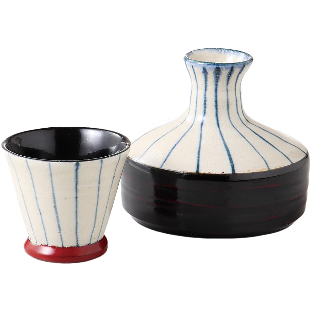 Sake Tokkuri and Ochoko Bottle and Diameter X Lacquered Ceramic Flat Sake Tokusa Akebono Mino Made In Japan Ale-net Set, (Sake Cup) Set, 9.8 8.6cm,
