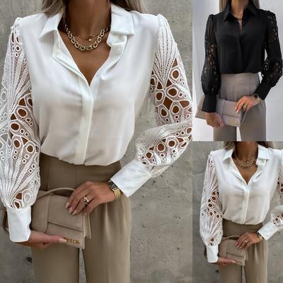 Weiße Sexy Spitze Aushöhlen Damen Bluse Herbst Frühling Schwarzes Oberteil Vintage Button-Up Hemden Langarm Tops