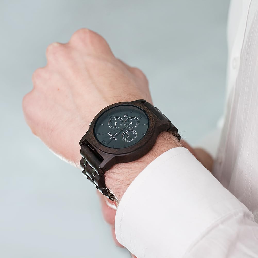 BOBO Bird Men's Wooden Watch with Luxury Wood and Metal Strap, Chronograph, Date Display, Quartz Movement, Versatile Men's Watch, Medium Size, Black