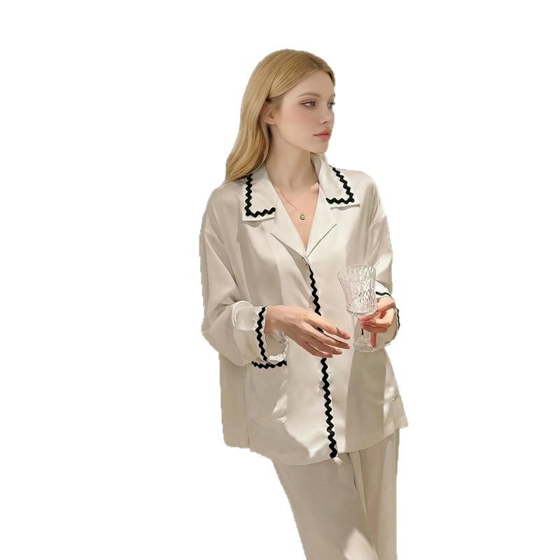 Ice Silk Pajamas Women's Spring and Autumn New Simulated Silk Long-sleeved Cardigan Set, Seasonal High-end Simple Solid Color Loungewear