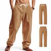 Linen Pants, Men's Casual Solid-color High Street Wide-leg Cargo Pants, Lace-up Work Pants With 4  Pockets