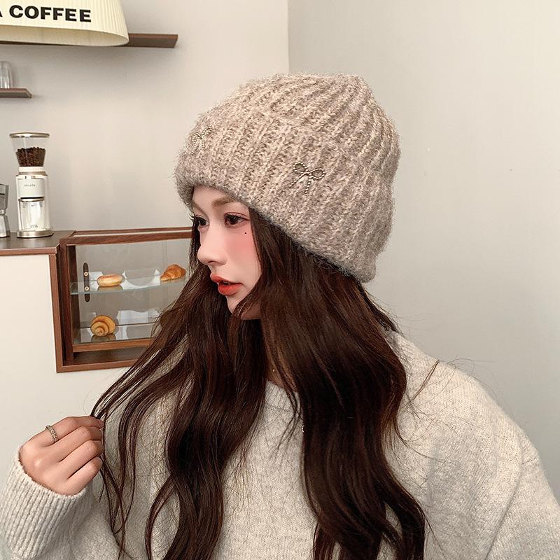 Korean Large Head Circumference Woolen Hat Winter Warm Hat Women's Bow Sweet Ear Protection Cold Pullover Knitted Hat
