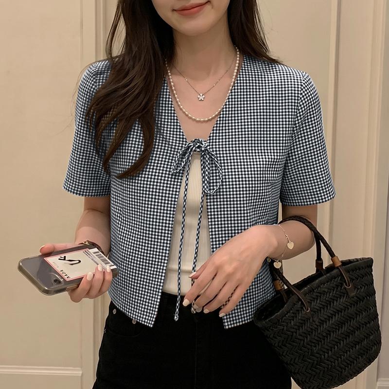 ZANZEA Blusa tipo cárdigan informal con cuello en V y mangas cortas con cordones para mujer