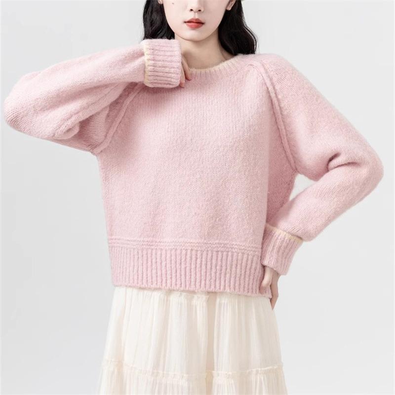 Short solid color crew neck sweater for women's autumn and winter new lazy style versatile knitted sweater inside, small man outside top