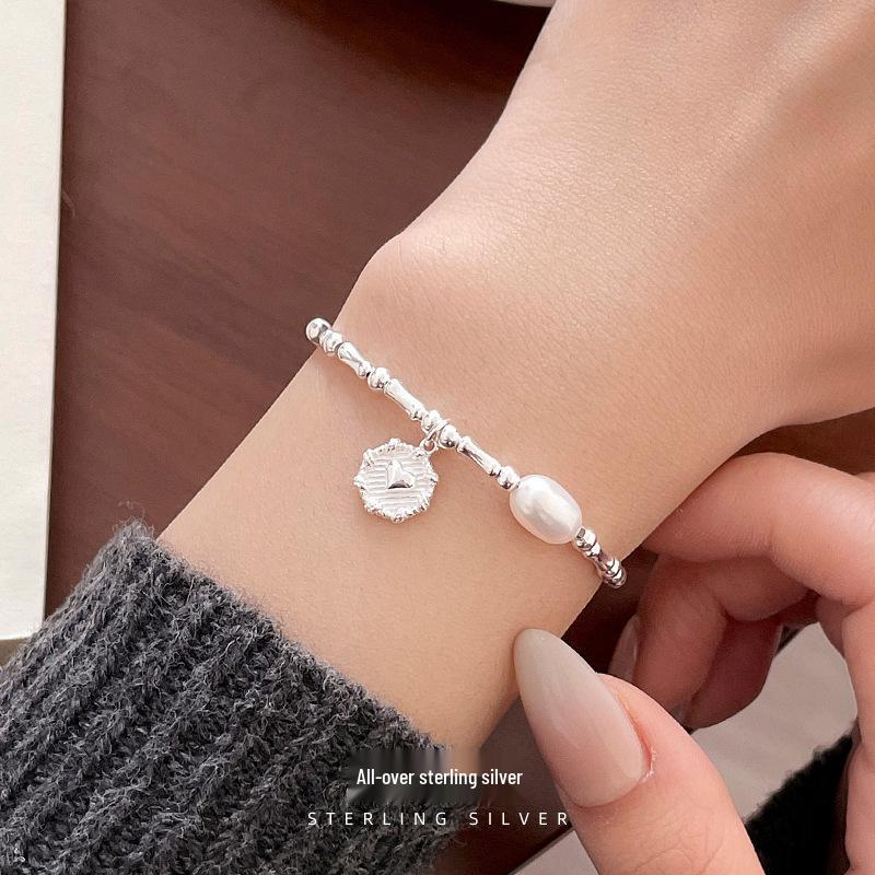 S925 Sterling Silver Korean Bamboo Pearl Heart Bracelet - Women's Niche Cold Style Trendy Jewelry