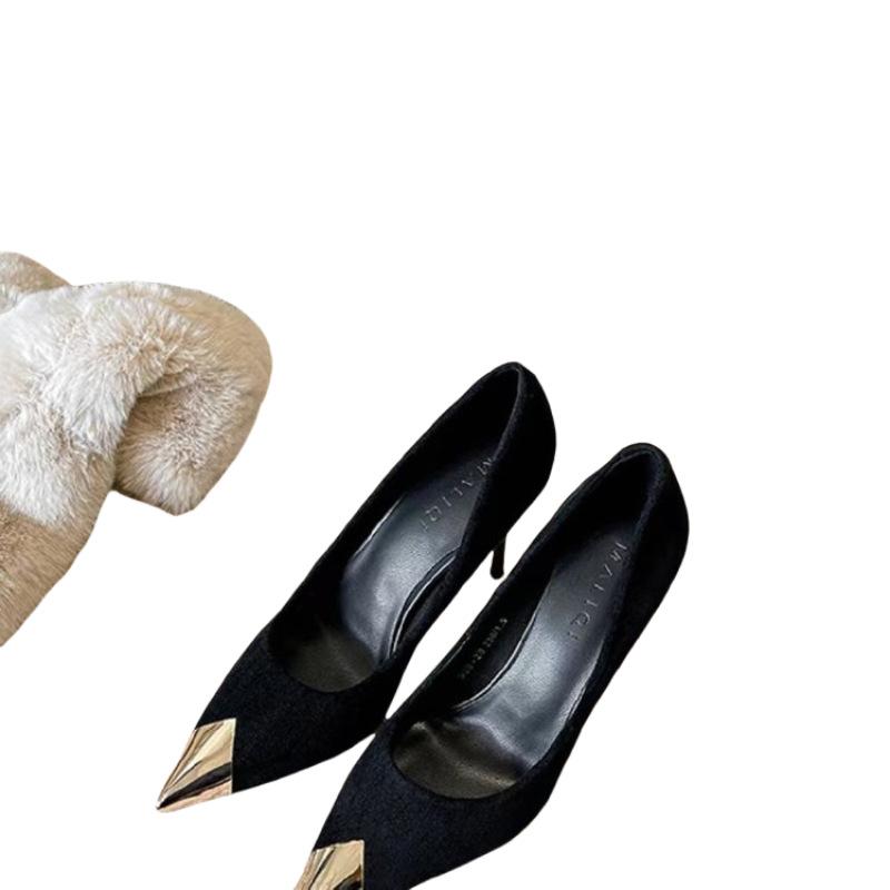 French temperament black suede high heels women's thin heels 2025 new autumn and winter banquet imperial sister shallow mouth pointed single shoes