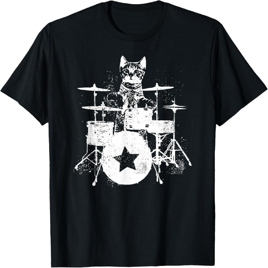 Панк Рок-звезда Котенок Китти Кот Барабанщик Играющий на Барабанах Графическая Футболка S