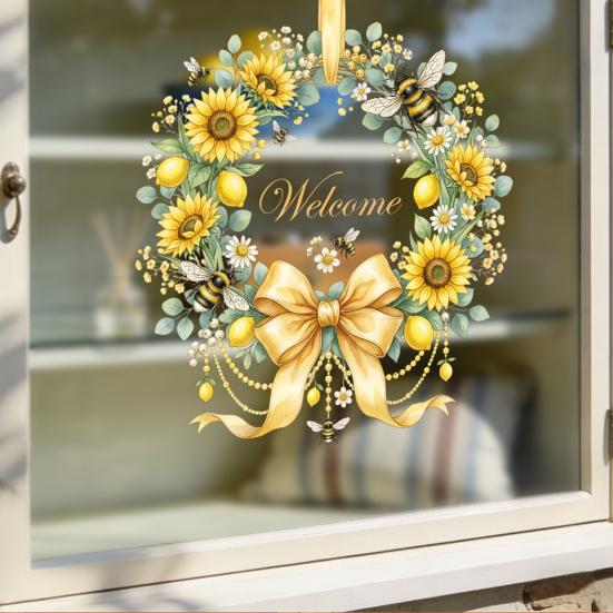 Frühlingsblumenkranz für Fenster, Sonnenblumen-/Tulpenkranz mit Schleife, statisch haftender Aufkleber, wiederverwendbare Glasaufkleber für Wohnzimmer und Küche