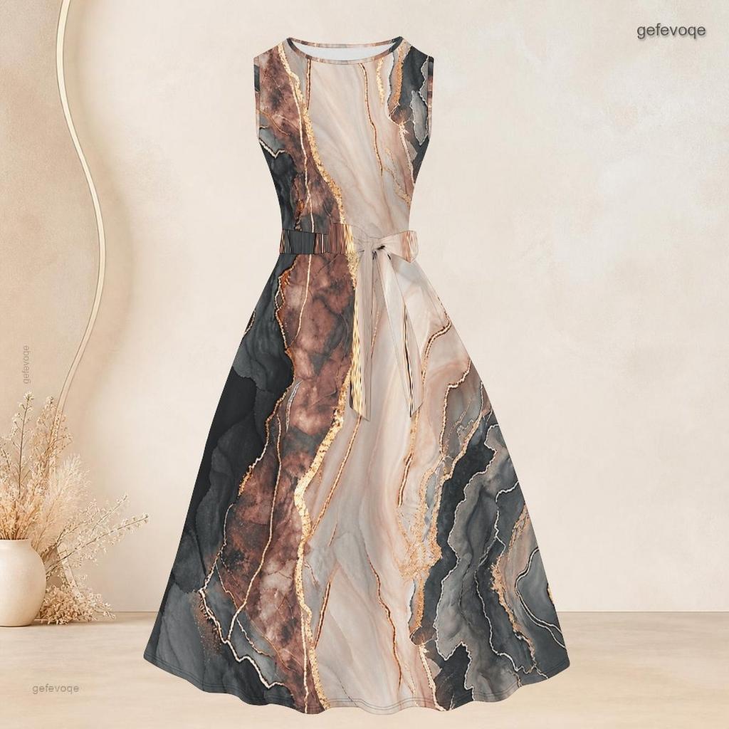 Women Plus Size Two Piece Dress Set 3 4 Sleeve Open Cardigan Sleeveless Round Neck Tie Waist Flared Dress Striped Printed