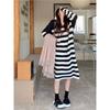 Black and white striped lapel knitted dress, high-end autumn dress, lazy style temperament contrasting skirt