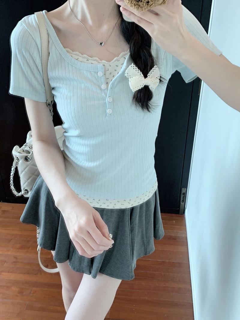 

American Style Floral Print Two-Piece Look Chic Slimming T-Shirt - Women s Short Sleeve Summer Top Size S (70-90 jin)