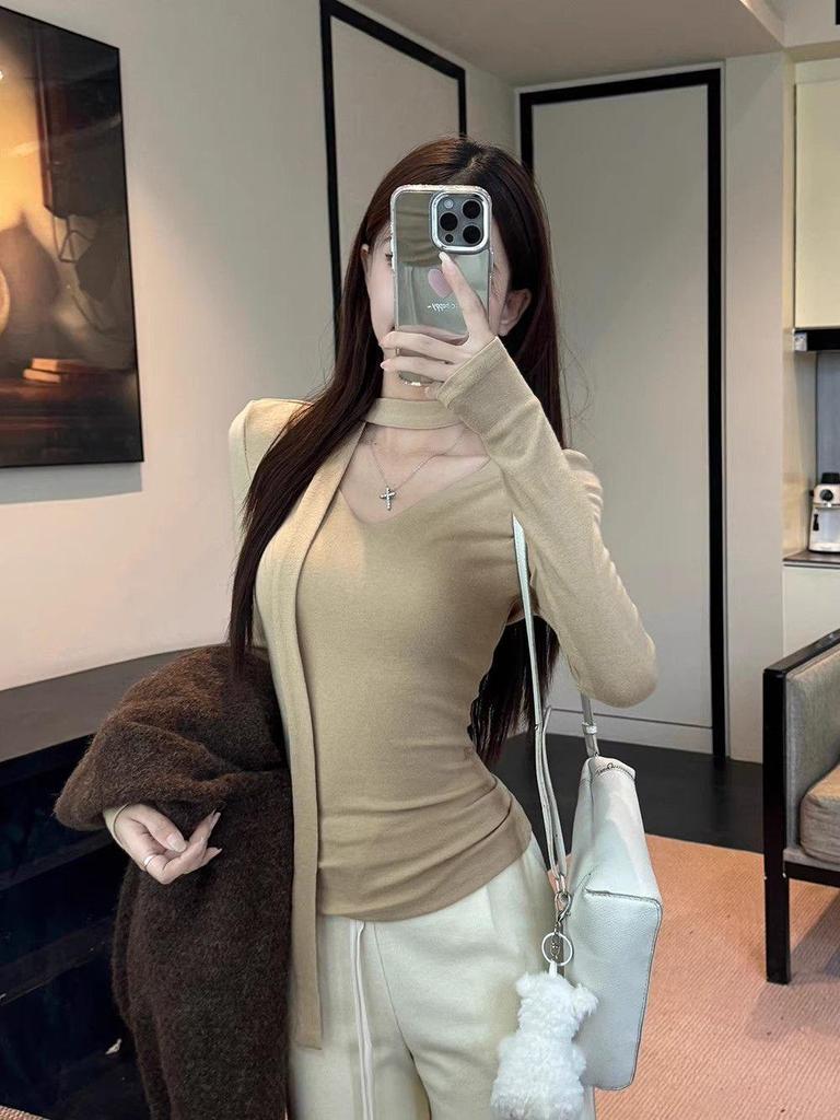 Korean Style V-Neck Turtleneck with Ribbons: Women's Slim Fit Long-Sleeve Top for Autumn and Winter