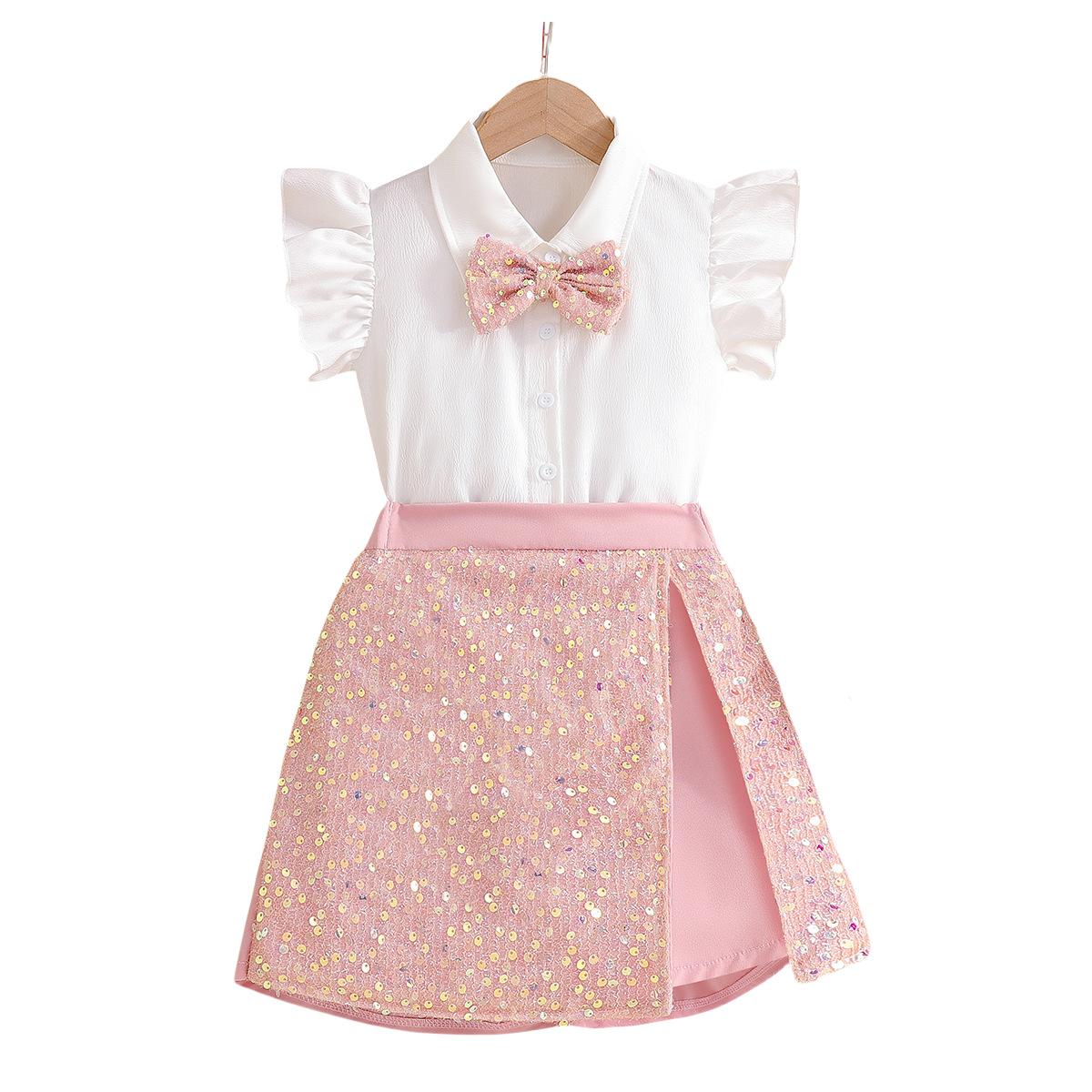 Girls  Fashionable Two-piece Summer Children s Sweet Shirt + Skirt-pant Set 11-12Y