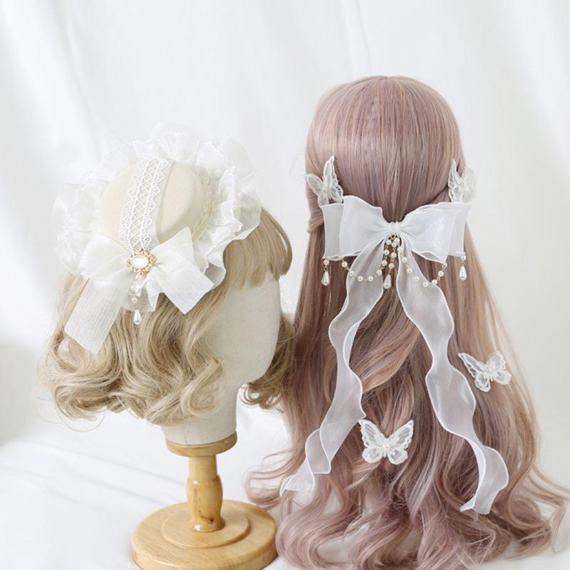 Girls Ruffles Lace Necklace with Pearl Chain Pendant Ribbon Bows Earrings Hair Clips Handmade Lolita Hair Ornaments