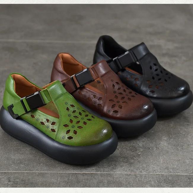 Johnature Genuine Leather Round Toe Thick Soled Women's Shoes Retro Versatile Breathable Hollow-out Platform Sandals