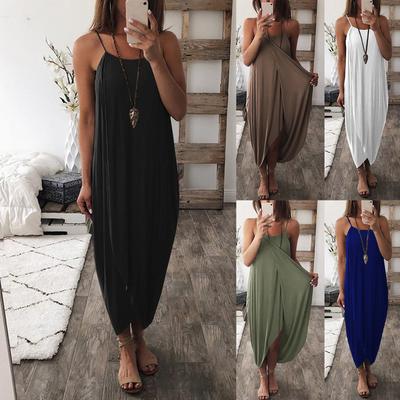 Damen-Sommerkleid, locker, lässig, unregelmäßig, einfarbig, Sling-Hüfte, langes Kleid