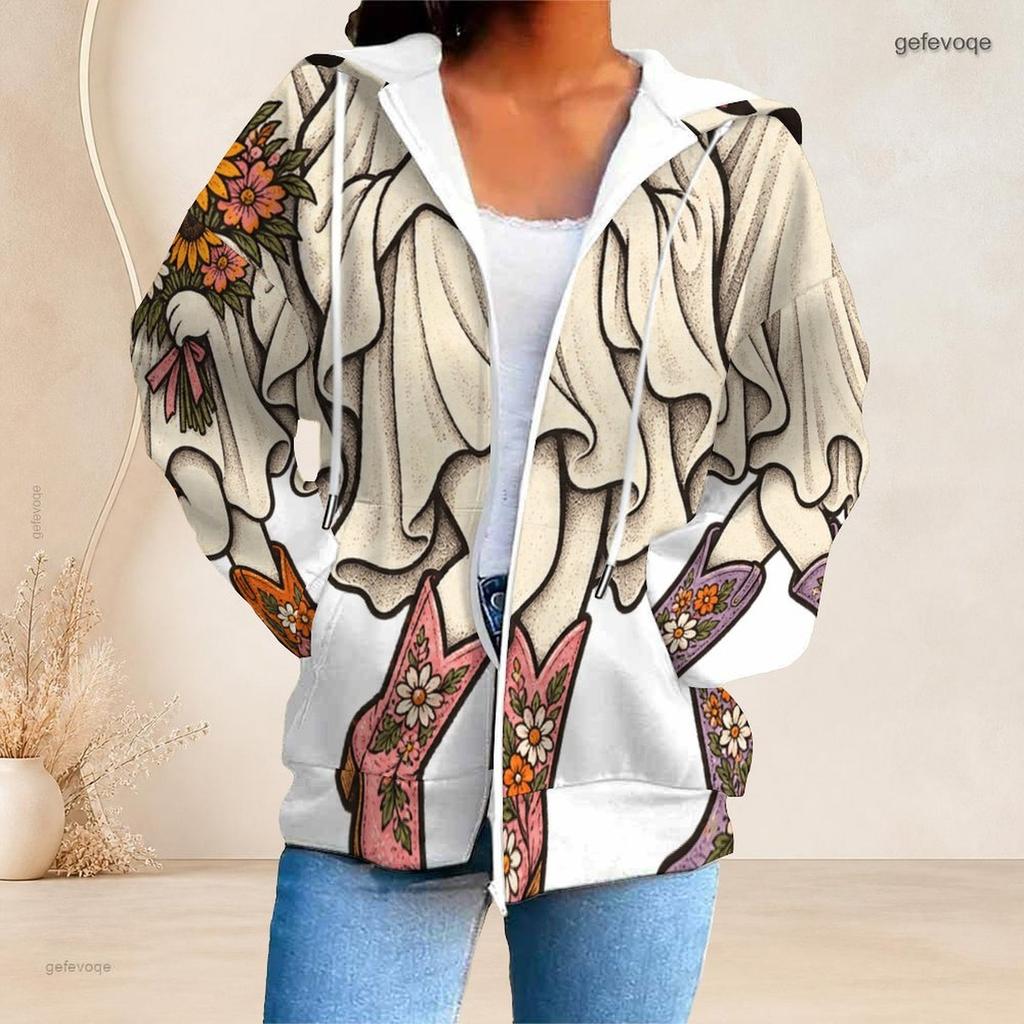 Women Plus Size Zip Up Hoodie Cute Bat Cat Pumpkin Floral Bow Print Long Sleeve Casual Hooded Sweatshirt