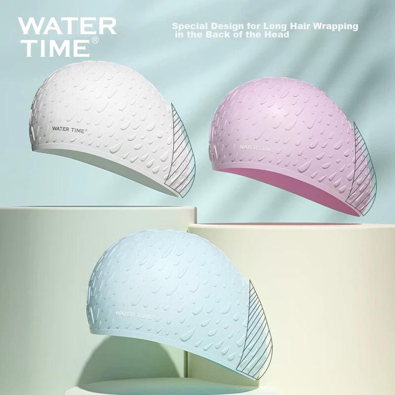 WATERTIME Silicone Swimming Cap, for Long Hair, Ear Protection, Large Size, Waterproof, White