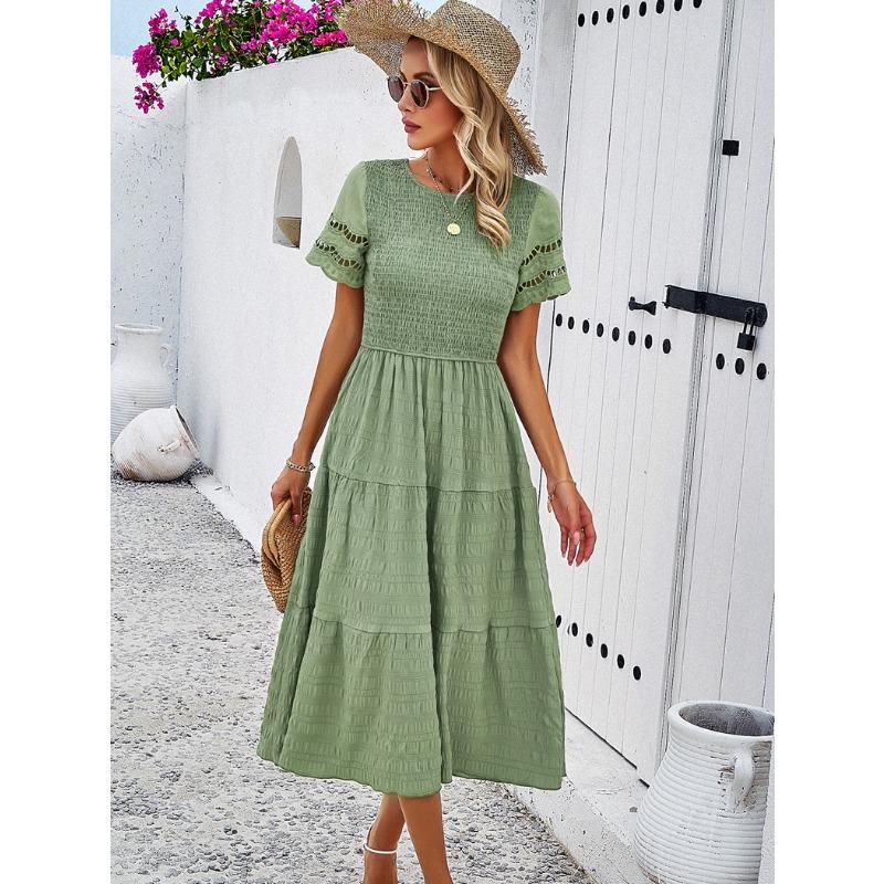 Spring and Summer Solid Color Temperament Hollow Out Dress
