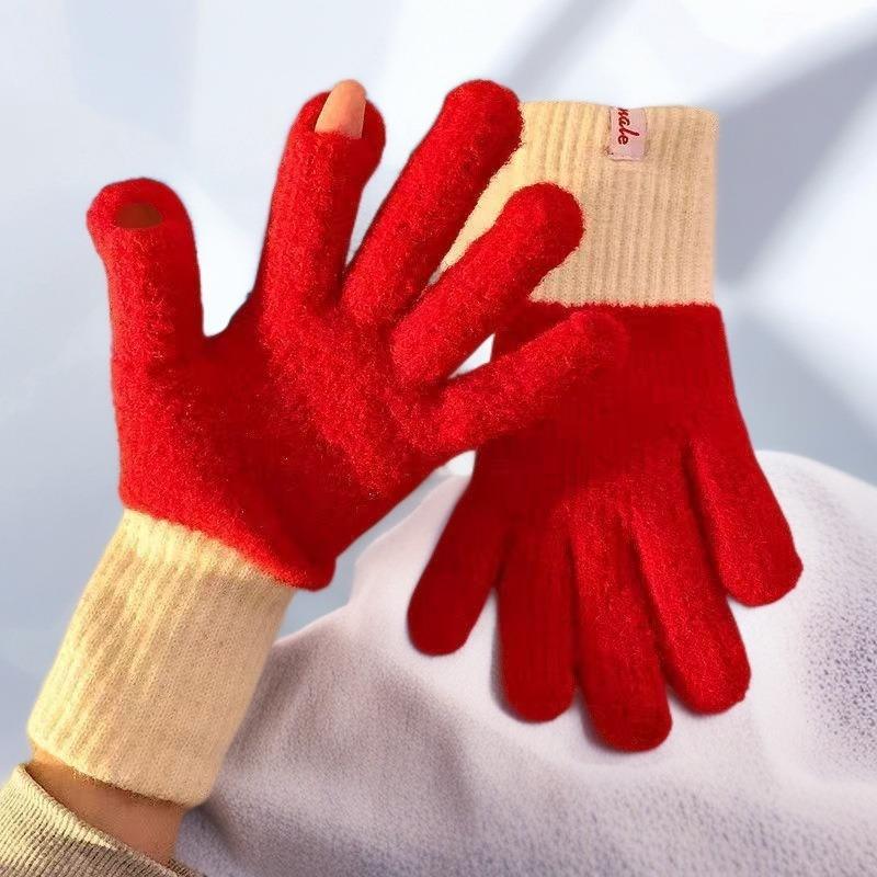 New cashmere gloves for women's winter new cashmere warm thickened cold-proof finger wool gloves tide