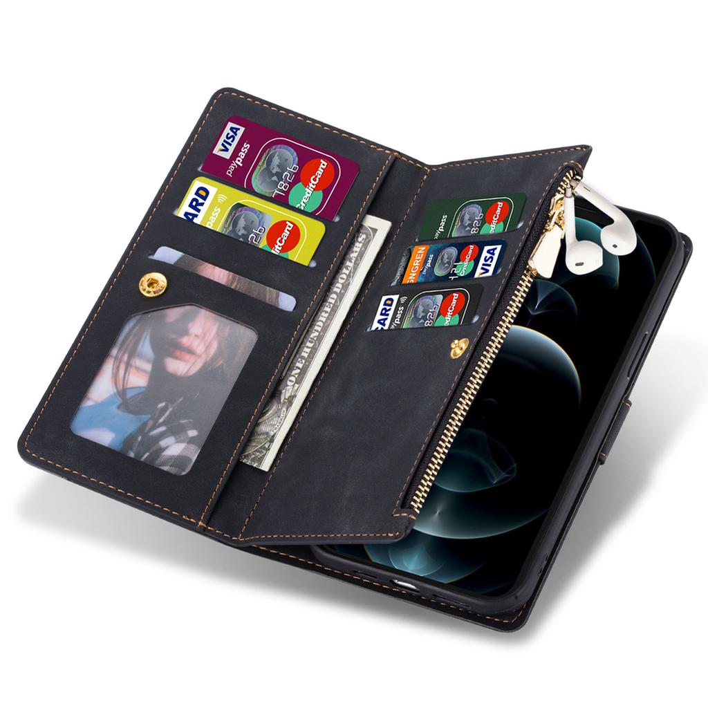 Applicable To iPhone17 Mobile Phone Leather Case 15plus Line Contrasting Color Card Zipper Wallet Portable Rope Protective Case