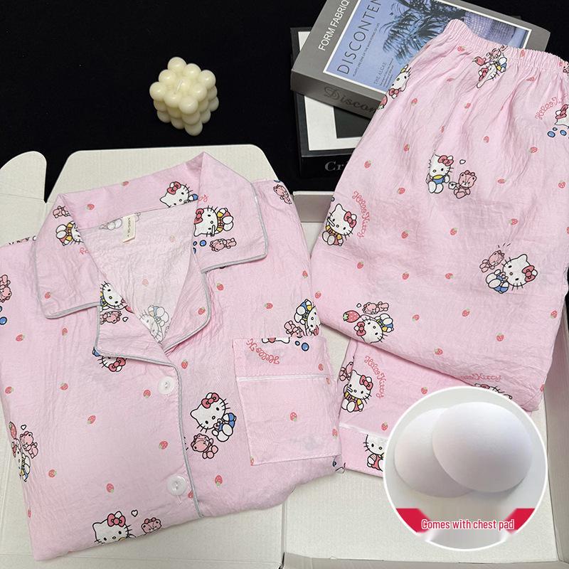 Damen Cartoon Pyjama-Set aus Wolkenbaumwolle mit Brustpolster - Langarm-Cardigan und Revers für Frühling und Herbst