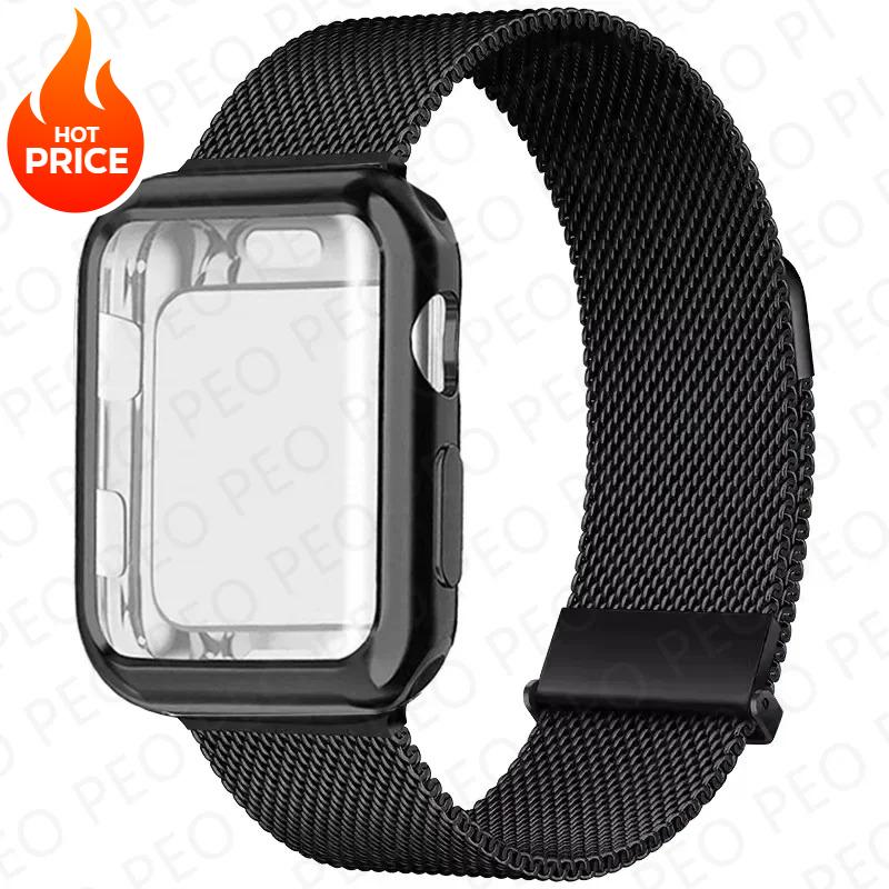 Case+Metal Milanese bands For Apple Watch Band 44mm 38mm-42mm-40mm Magnetic Loop iwatch Series 9 8 7 6 5 4 3 SE 45mm 41mm Strap