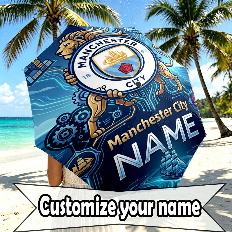 Custom Name Personalized Manchester City Print Umbrella, Auto Open Close, 8‑Rib Sturdy Frame, Commute Camping Hiking Use, Birthday Gift