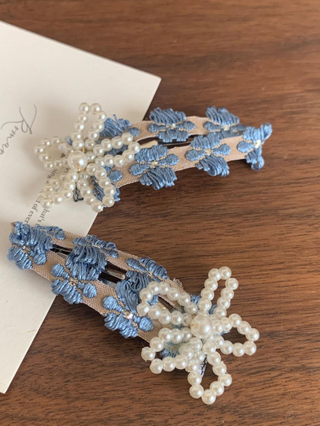 

2 Pcs Fashion Exquisite Blue Embroidered Hollow Pearl Flower Barrettes Hair Clips For Women Girls Party Hair Accessories