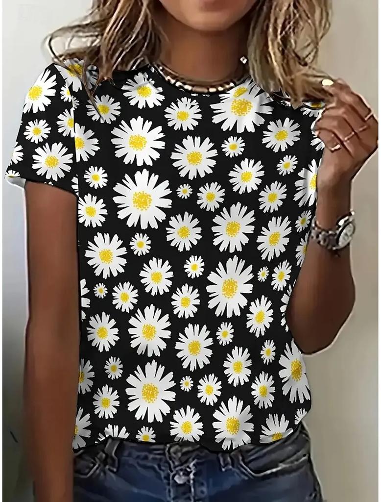 Plus Size Fashion Women's TShirt Beautiful Butterfly Stylish 3D Printed Flowers Casual Short Sleeved Crew Neck Tees Regular Tops