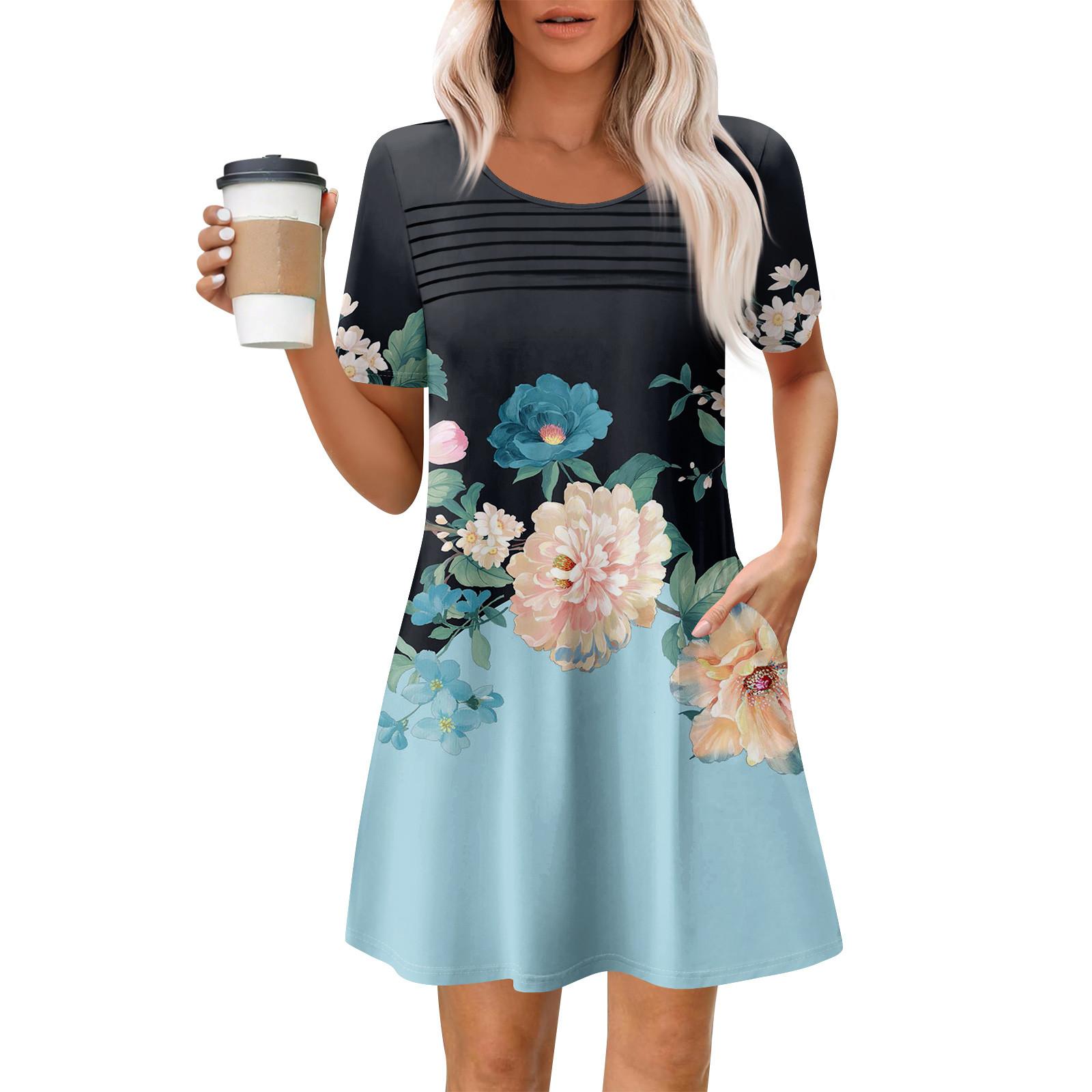 

Женские летние повседневные платья с круглым вырезом, плиссированные, с карманами, с принтом, с коротким рукавом XXL