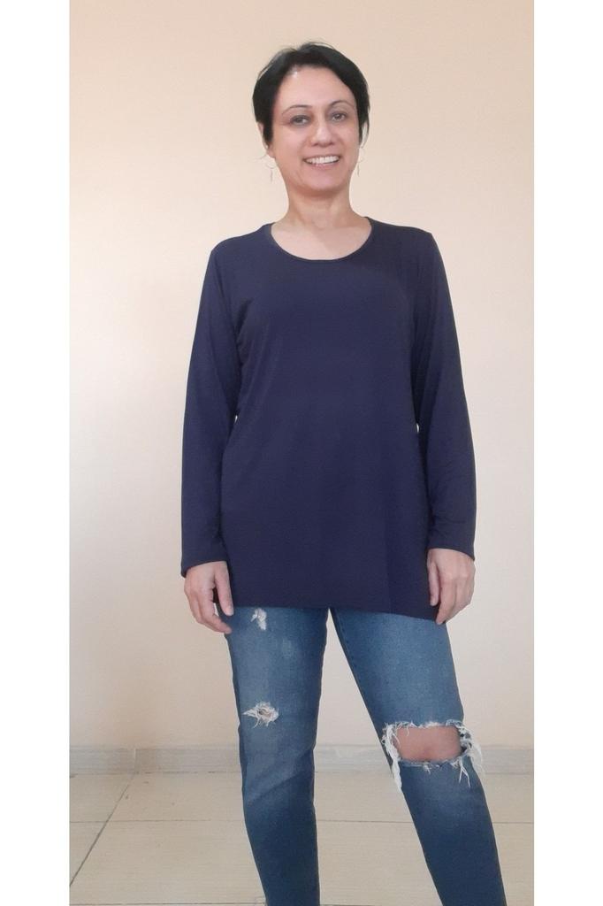 Tricou Stil Femei Mărime Mare Albastru Marin Gât Rotund Mânecă Lungă Bumbac Pieptănat Viscoză Tricou