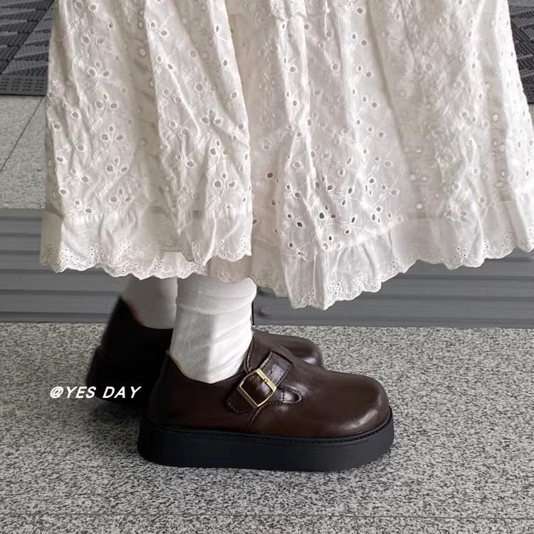 Soft leather version~ brown retro big head platform small leather shoes women's 2025 spring new British style versatile Boken shoes